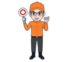 Young man in orange work clothes