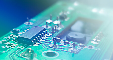 Macro computer chip. Electronic Board. Small depth of field.