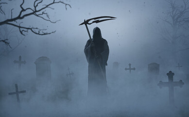 Silhouette of a grim reaper on a grave yard with copy space