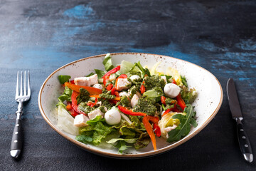 Chicken fillet with mozzarella cheese, fresh vegetables and pesto sauce in a plate