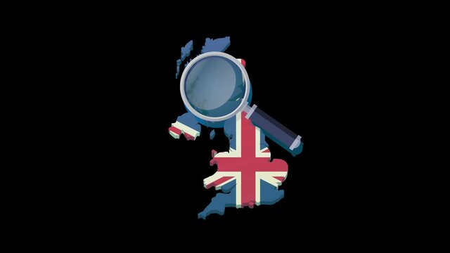 Search loop with magnifying glass on the map of United Kingdom flag on a black background and alpha transparency (flat design)