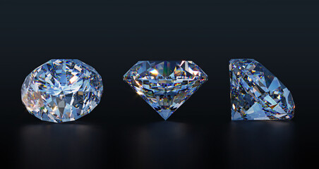 Large Clear Diamonds. Isolated 3d illustration on black background