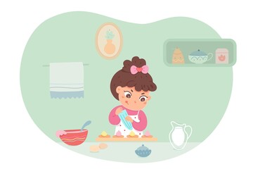 Kid cooking cake in kitchen. Happy smiling girl preparing sweet food at home in apron. Childhood helper vector illustration. Household leisure activity indoor. Room interior