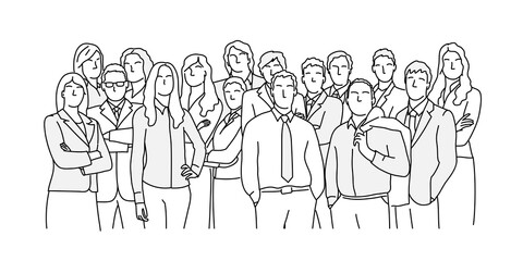 Crowd of business people. Front view. Hand drawn vector line.