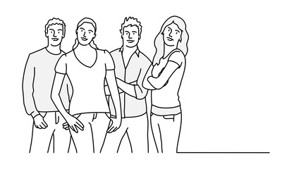 Group of students are standing. Hand drawn vector line.