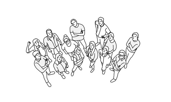Crowd Of Business People. View From Above. Hand Drawn Vector Line.