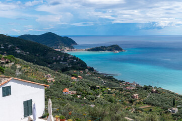 Fototapeta na wymiar view from Saint Giulie's church of the Gulf of Tigullio, Ligurian sea, Lavagna, Italy
