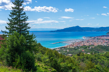 Fototapeta na wymiar view of the Chiavari town from the hill of Santa Giulia, Lavagna, Genova, Italy