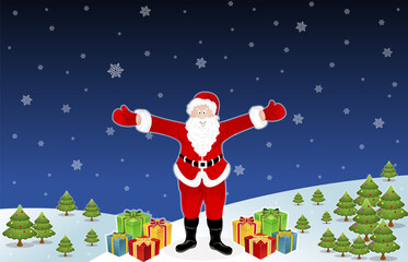 Smiling Santa Claus with christmas gifts on snow background