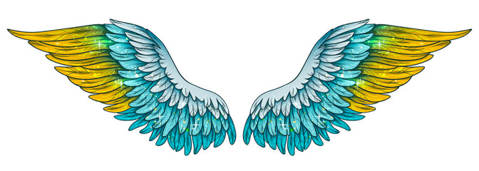 Beautiful magic shiny blue yellow vector wings