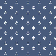 Seamless nautical pattern with white anchors and ship wheels. Blue background.