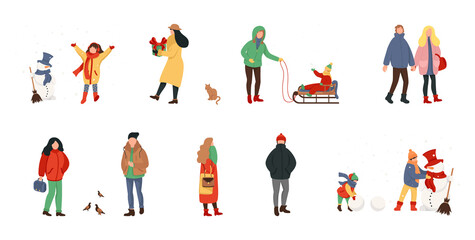 People in winter outwear walking flat vector illustrations set. Winters activities, active man sledging and woman walk in warm suit or family outdoors on christmas holidays making snowman
