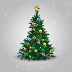 Christmas tree with Xmas star, balls and lights. Sketch for greeting card with text, festive poster or party invitations.