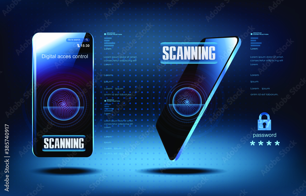Poster access to personal data on mobile phone by scanning fingerprint. access control. secure login from d