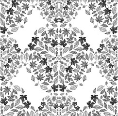 Mandala outlined ornaments, autumn leaves - seamless pattern