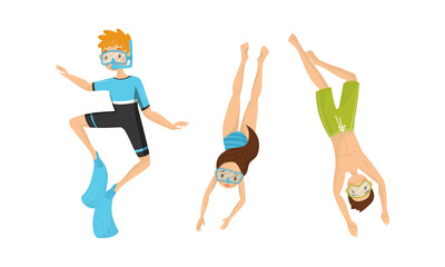 People Characters Wearing Swim Fins and Goggles Diving and Floating Underwater Vector Illustration Set