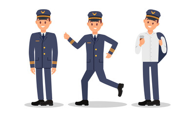 Man Aircraft Pilot Wearing Professional Uniform Standing with Coffee and Running Vector Illustration Set.