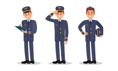 Man Aircraft Pilot Wearing Professional Blue Uniform and Cap Vector Illustration Set