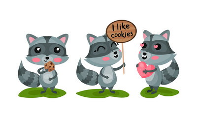 Cute Raccoon with Striped Coat Eating Cookie and Holding Heart Vector Set