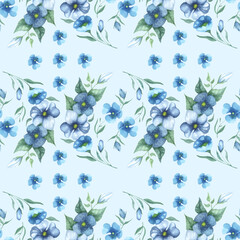 Seamless pattern with flowers and leaves. Handmade watercolor painting for background. Floral pattern for wallpaper or fabric. Botanical tiles. Jpg format