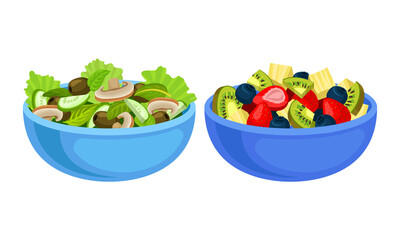 Fresh Salads in Bowl with Mixed Ingredients Vector Set