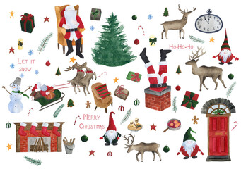 Christmas big set with Santa Claus, tree, deer, gnomes, fireplace, Christmas door, mulled wine, gifts, clock, snowman, Santa's sleigh, candles, armchair, firewood etc. Watercolor illustration.
