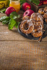 Autumn sweet dessert recipe. Homemade apple cider donuts. Baked donuts with sugar, cinnamon glaze and white sugar topping drizzle, on wooden background with fresh apples