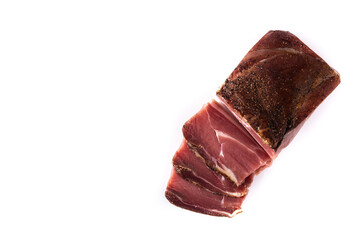 Dried and smoked meat isolated on white background.Top view.Copy space