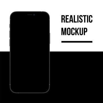 Black IPhone 12. Realistic, Modern, Smart Phone On Black Background. Black IPhone 12 Mini Pro Max