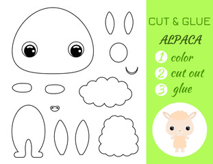 Coloring book cut and glue baby alpaca. Educational paper game for preschool children. Cut and Paste Worksheet. Color, cut parts and glue on paper.Cartoon character. Vector stock illustration.