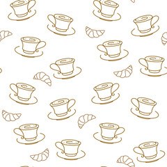 Cups of tea or coffee and croissants on a white, outline. Vector seamless pattern for packaging, wrapper, wrapping paper, sales banner, cafe, restaurant, cafeteria, printing on fabric, textile or menu