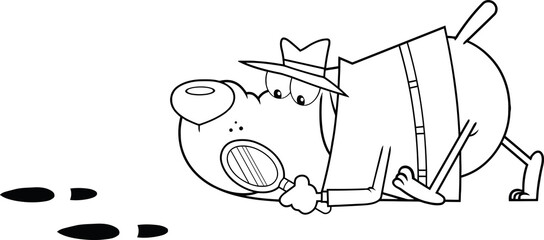 Black And White Detective Dog Cartoon Character Following A Clues. Vector Illustration Isolated On White Background