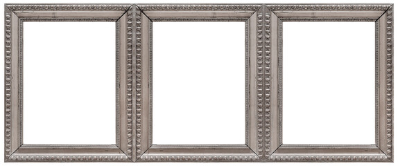 Triple silver frame (triptych) for paintings, mirrors or photos isolated on white background