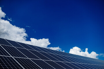 Solar panels. Power station. Blue solar panels. Alternative source of electricity. Solar farm. The source of ecological renewable energy.