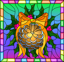 Illustration in stained glass style for New year and Christmas, pine cone, Holly branches and ribbons on a bright background in a bright frame