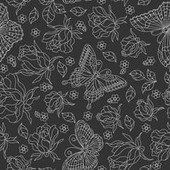 Seamless pattern with rose flowers and butterflies, light contour of flowers and insects on a dark background