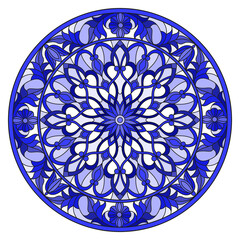 Illustration in stained glass style with abstract flowers, swirls and leaves on a light background,round image in frame, tone blue