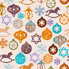 seamless pattern with christmas balls, rocking horses, decorations, toys, snowflakes. Wooden stylization. Light background.