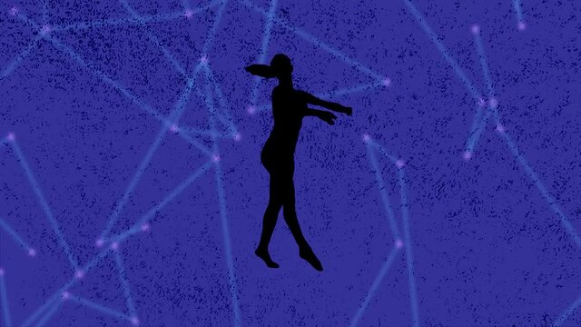 Silhouette. Professional dancer performs over an animated purple grunge network background.