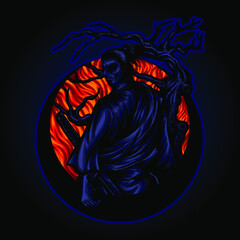 ronin samurai japanese culture illustration with fire moon and tree