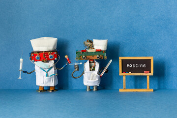 Black chalkboard with text Vaccine. Medic robots holds a thermometer, stick for scraping PCR and...