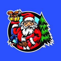 santa claus with gift and christmas tree mascot logo illustration