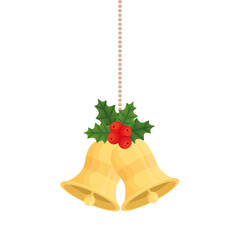 merry christmas bells with berries and leaves hanging design, winter season and decoration theme Vector illustration