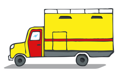 Emergency service car sketch. Yellow-red truck, volumetric with a shadow. Emergency service.