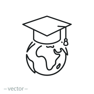 international education icon, earth in graduate hat, world globe university, academy online learn, global distance education, thin line symbol on white background - editable stroke vector illustration