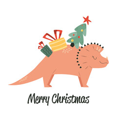 Cute illustration with cheerful triceratops, fir tree and gifts. Funny design for Christmas cards, kids clothing,