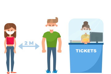 Keep distance in queue of people. Characters waiting, stay safe coronavirus disease. Epidemic protective equipment, group characters with face masks. Cartoon humar keep the 1 meter distance.