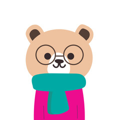Cute smile brown bear with glasses, white background, kids design, flat stye