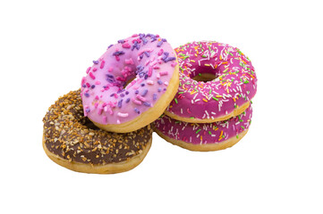 Donuts with strawberries and raspberries. Glazed doughnuts on white background.