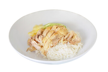 Steam chicken rice, Sliced hainan-style chickenÂ with marinated rice. Hainan-style steam chicken rice isolated on white background. This image stacked with clipping path for advertising ideas concept.